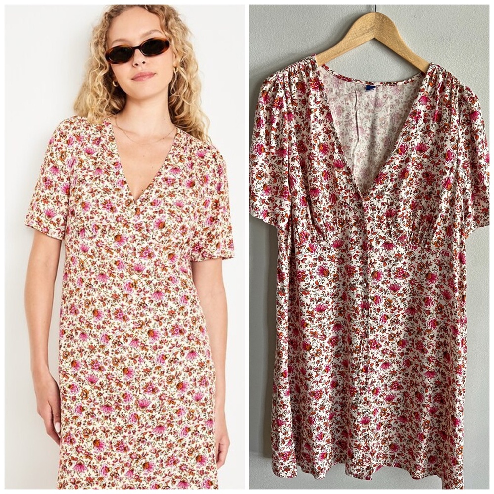 Old Navy Floral Mini Dress XL Cottagecore Boho V Neck Short Sleeve button down